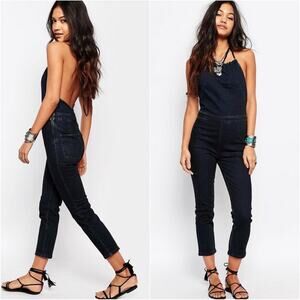 Free People Hearts On Fire Overall Jumpsuit Sz 4 Denim Halter Crop Festival Boho
